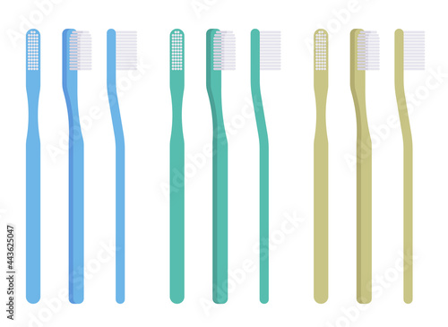 Toothbrush set, blue, green, yellow color manual brush for oral hygiene. Straight long handle classic cosmetic dentistry design with flat brushing surface. Vector flat style cartoon illustration