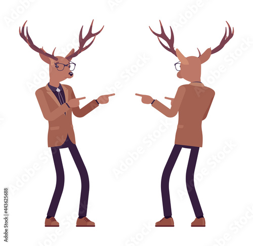 Deer man, mister moose, animal head human hey you pose. Dressed up gentleman having large, horns, antlers, wearing glasses. Vector flat style cartoon illustration, front and rear view © andrew_rybalko