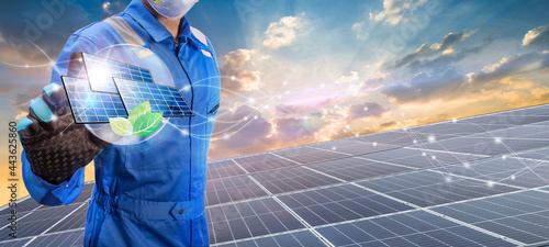 Technician holding Solar cell and eco icon over solar cell system, Solar cell energy, Care of the Environment, clean energy, Ecology concept. photo