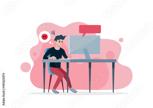 The angry man look at computer with bubble speech and angry emoticon, vector illustration