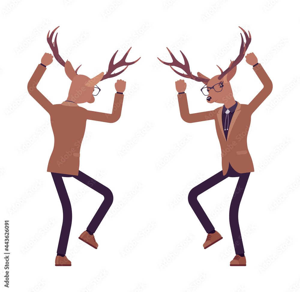 Deer man, elegant mister moose, animal head human in anger. Dressed up gentleman having large, horns, antlers, wearing glasses. Vector flat style cartoon illustration, front and rear view
