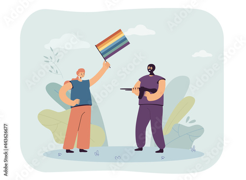 Criminal with gun threatening woman holding rainbow flag. Man with weapon wearing mask flat vector illustration. LGBT community, violence, discrimination concept for website design or landing web page