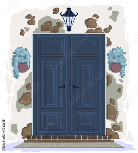 Front door with porch, stones, lantern and plants in pots. Cartoon vector illustration	