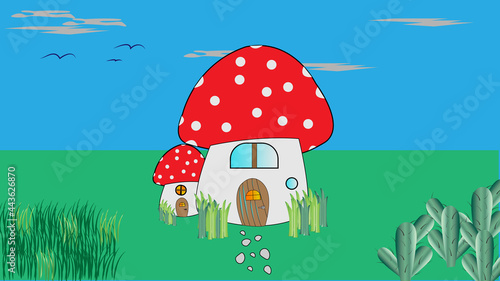 Mushroom houses.Grass  cactus  clouds  birds.Fantasy illustration flat image.