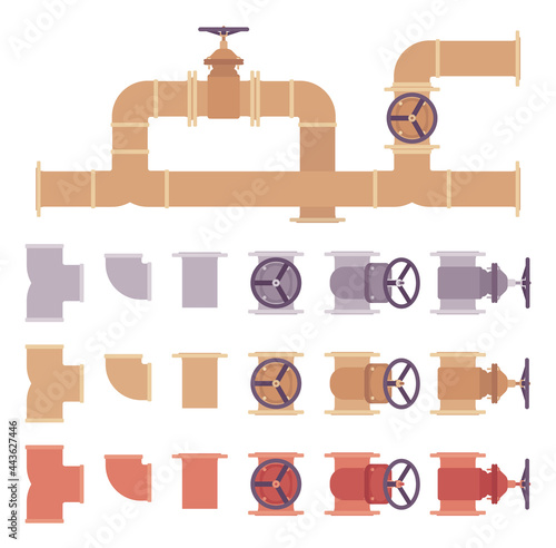 Piping and plumbing fittings, tube joints, pipe sections set. Grey, brown, copper pipeline system. Vector flat style cartoon illustration isolated, white background, different views, positions, colors