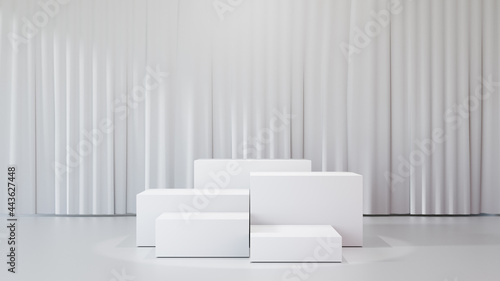 3D rendering background. 5 white block podium for display products with white clean curtain background. Image for presentation.