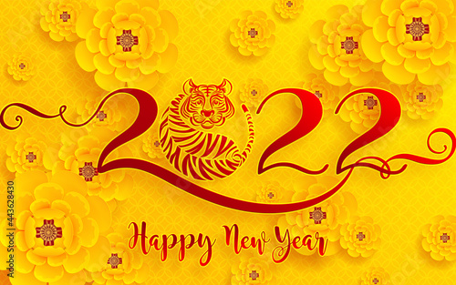 Chinese new year 2022 year of the tiger red and gold flower and asian elements paper cut with craft style on background.( translation : chinese new year 2022, year of tiger )