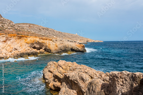 Beautiful seascape and rocky shore on the Island of Malta. Beautiful coastline, mediterranean sea.