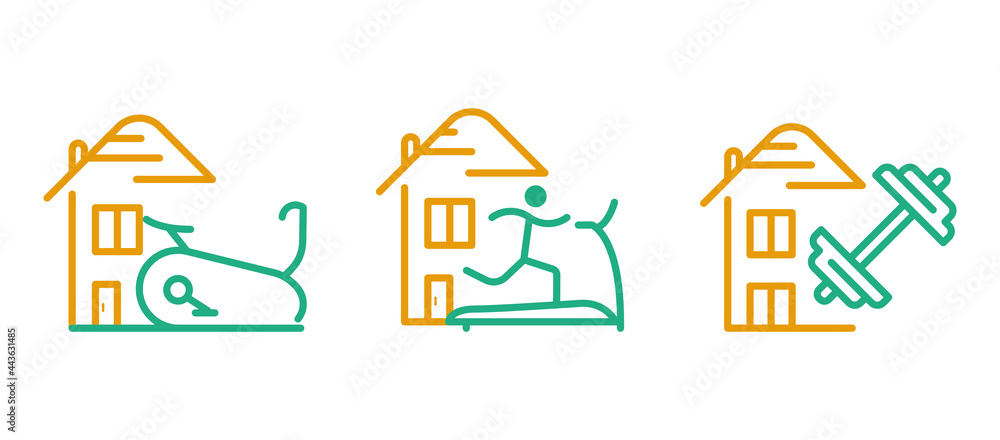 For sports at home. Icon set such as walking home or doing sports at home - lifting weights. Simple design related to fitness. Colorful linear set. Editable logo.