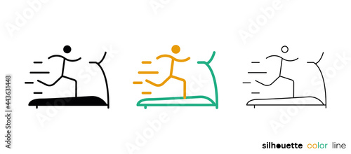 Treadmill icon set. Simple design related to fitness. Silhouette, colorful and linear set. Editable logo.