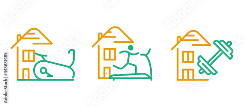 For sports at home. Icon set such as walking home or doing sports at home - lifting weights. Simple design related to fitness. Colorful linear set. Editable logo.