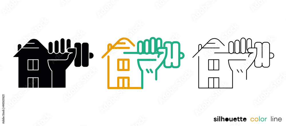 For sports at home. Lifting weights and exercising at home. Simple design related to fitness. Silhouette, colorful and linear set. Editable logo.