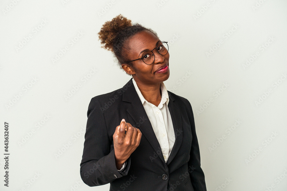 Young business african american woman isolated on white background pointing with finger at you as if inviting come closer. Young business african american woman isolated on white background pointing with finger at you as if inviting come closer.
