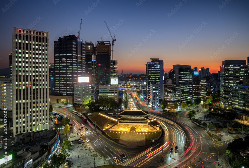 downtown city at night Seoul, South Korea.
