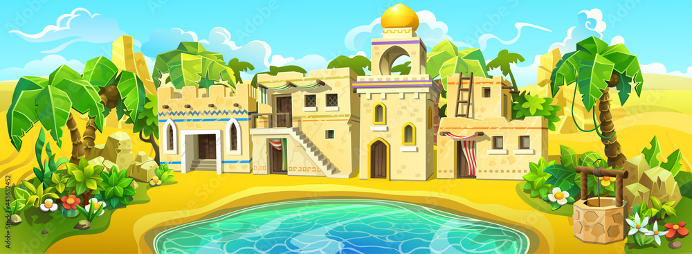 Arab town in an oasis near a lake and palm trees. An old Muslim city in the sandy desert. Vector illustration. Arab town in an oasis near a lake and palm trees. An old Muslim city in the sandy desert. Vector illustration.