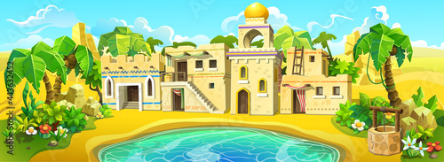 Arab town in an oasis near a lake and palm trees. An old Muslim city in the sandy desert. Vector illustration.
