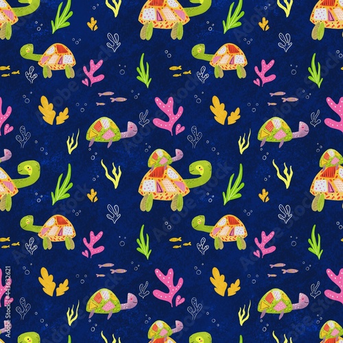 Seamless pattern  funny turtles on dark background. Designs for clothing  fabric  and other items.