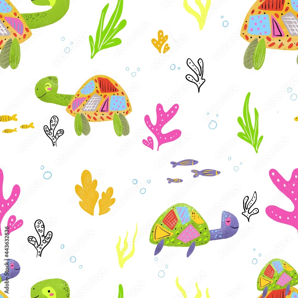 Fototapeta premium Seamless pattern, funny turtles on light background. Design for clothing, fabric and other items.