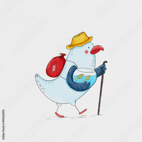Funny gull traveler, with hat and aquarium. Concept of travel, leisure, weekends. Postcard.