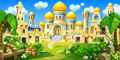 An ancient Arab town in the desert, with stone houses. A palace with towers, golden domes and tents. Temples, mosques, houses with oriental decorations among tropical plants.
