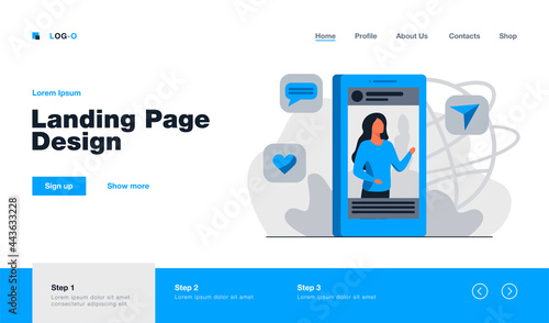 Social media post with picture. Blogger, video, like, sharing, repost flat vector illustration. Communication, marketing influencer concept for banner, website design or landing web page