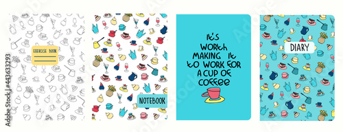 Set of cover page templates with coffee cups, pots, cakes, pastry and funny phrase. Based on seamless patterns. Headers isolated and replaceable. Perfect for notebooks, notepads, diaries, etc