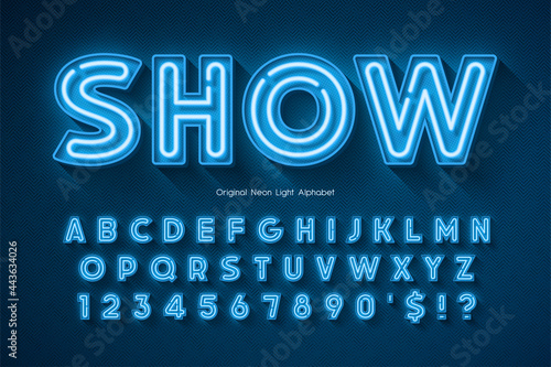 Neon light 3d alphabet, extra glowing origainal type.