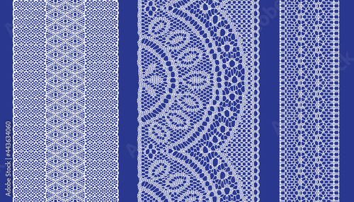 Trim Lace Ribbon on blue background. Jacquard Mesh Lace Fabric.