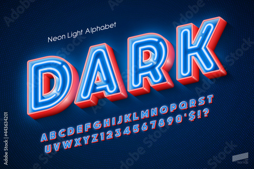 Neon light 3d alphabet, extra glowing origainal type.