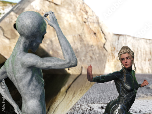 Illustration of a woman with a clenched fist and her palm to a grey alien scratching its head on an alien world.