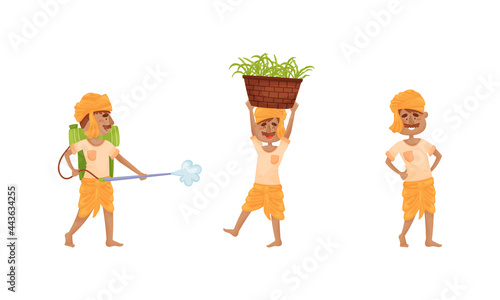 Indian Farmer Wearing Turban Cultivating Plants and Soil Vector Set