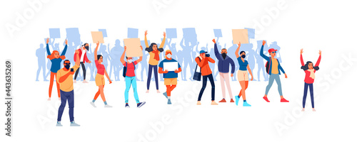 Parade rights, adult picket and strike. Activists with placards, peaceful rights protest, manifestation, men and women parade participation. People hold banners. Cartoon Flat vector illustration