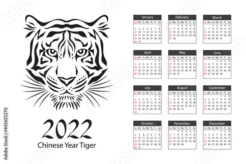Calendar for 2022 year. Chinese year tiger. Week starts from sunday.