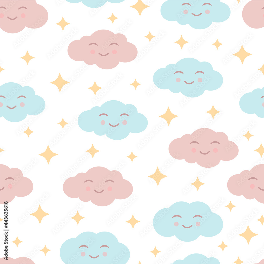 Cute seamless pattern with smiling clouds and yellow stars on a white background. Vector illustration for fabrics, textures, wallpapers, posters, postcards. Childish fun print. Editable elements. Cute seamless pattern with smiling clouds and yellow stars on a white background. Vector illustration for fabrics, textures, wallpapers, posters, postcards. Childish fun print. Editable elements.