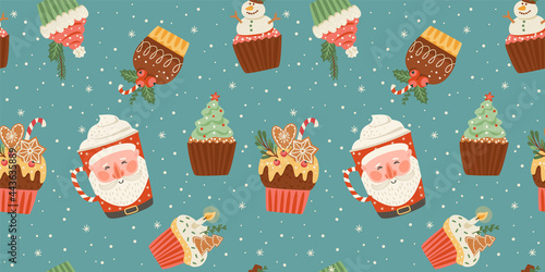 Christmas and Happy New Year seamless pattern with christmas sweet and drink. Vector design template.