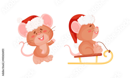 Cute Mouse with Protruding Ears in Red Hat Waving Paw and Sledging Vector Set