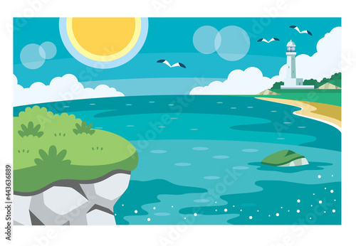 岩場の崖と海と太陽と灯台のイラスト素材