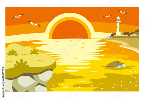 岩場の崖と海と夕日と灯台のイラスト素材