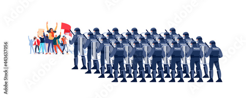 Crowd of diverse people at a demonstration for human rights. Police in Riot Gear Holding the Line. An angry men and women protest, holding placards. Cartoon Vector flat style illustration isolated