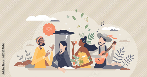 Subculture and identity expression with clothing style tiny person concept. Community with alternative lifestyle and different appearance vector illustration. Visual minority and youth lifestyle scene