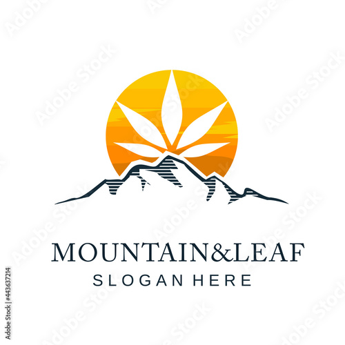 mountain and cannabis leaves logo with the sun behind it