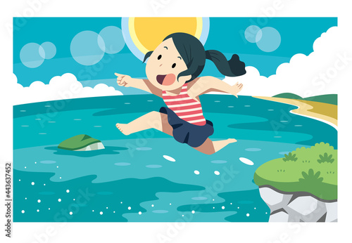 ジャンプする少女と海と太陽のイラスト素材