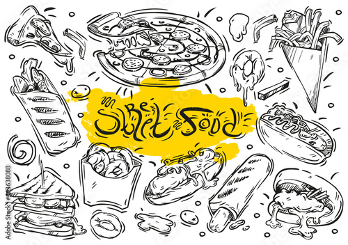 Hand drawn vector line illustration. Doodle collection street food menu: burger, sandwich, french fries, french hot dog, sauce, pizza, potatoes, bao, onion rings, shawarma