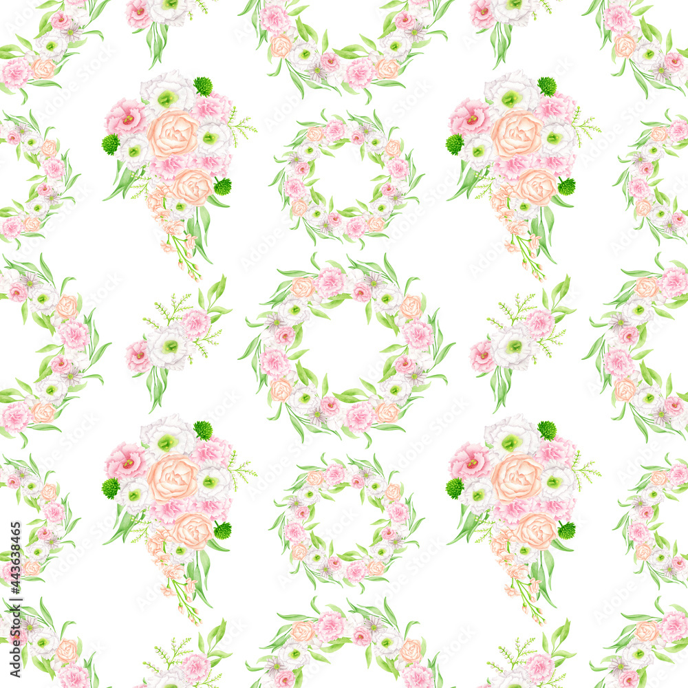 Watercolor seamless pattern with flowers and floral wreaths. Elegant pink eustoma, peach colored matthiola, peonies isolated on white background. Botanical print for fabrics, wrapping, wallpaper.