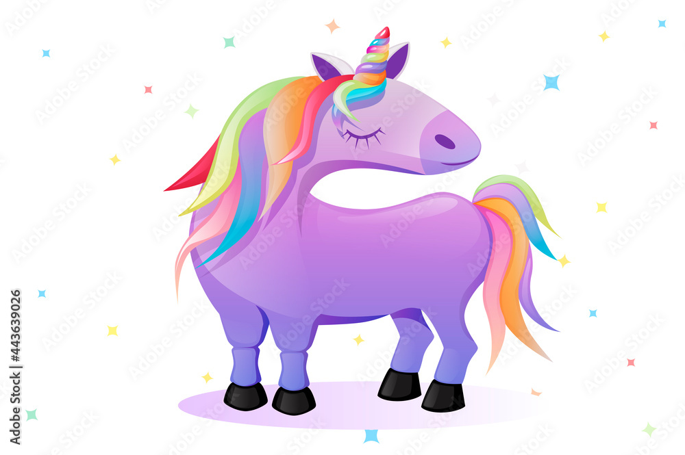 Cartoon pink unicorn, cute horse on a background of stars.