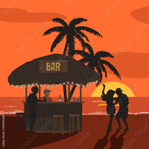 Bungalow with a beach bar. A bartender in a bar and a man are drinking an alcoholic drink, a couple in love is dancing next to them. Summer night, sunset. Doodle style.
