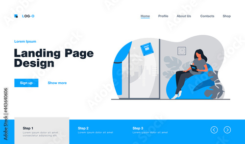 Woman relaxing at home while robot washing window. Female character sitting in armchair while machine cleaning room. Flat vector illustration for robotic cleaner, smart home, automation concept