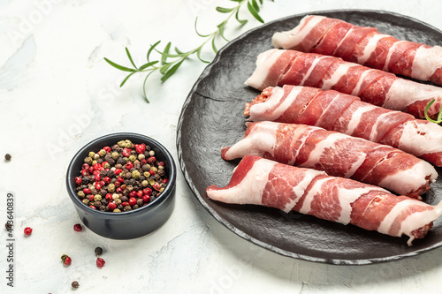 Kofta kebab or chevapchichi. sausages minced meat wrapped in bacon. Healthy fats, clean eating for weight loss