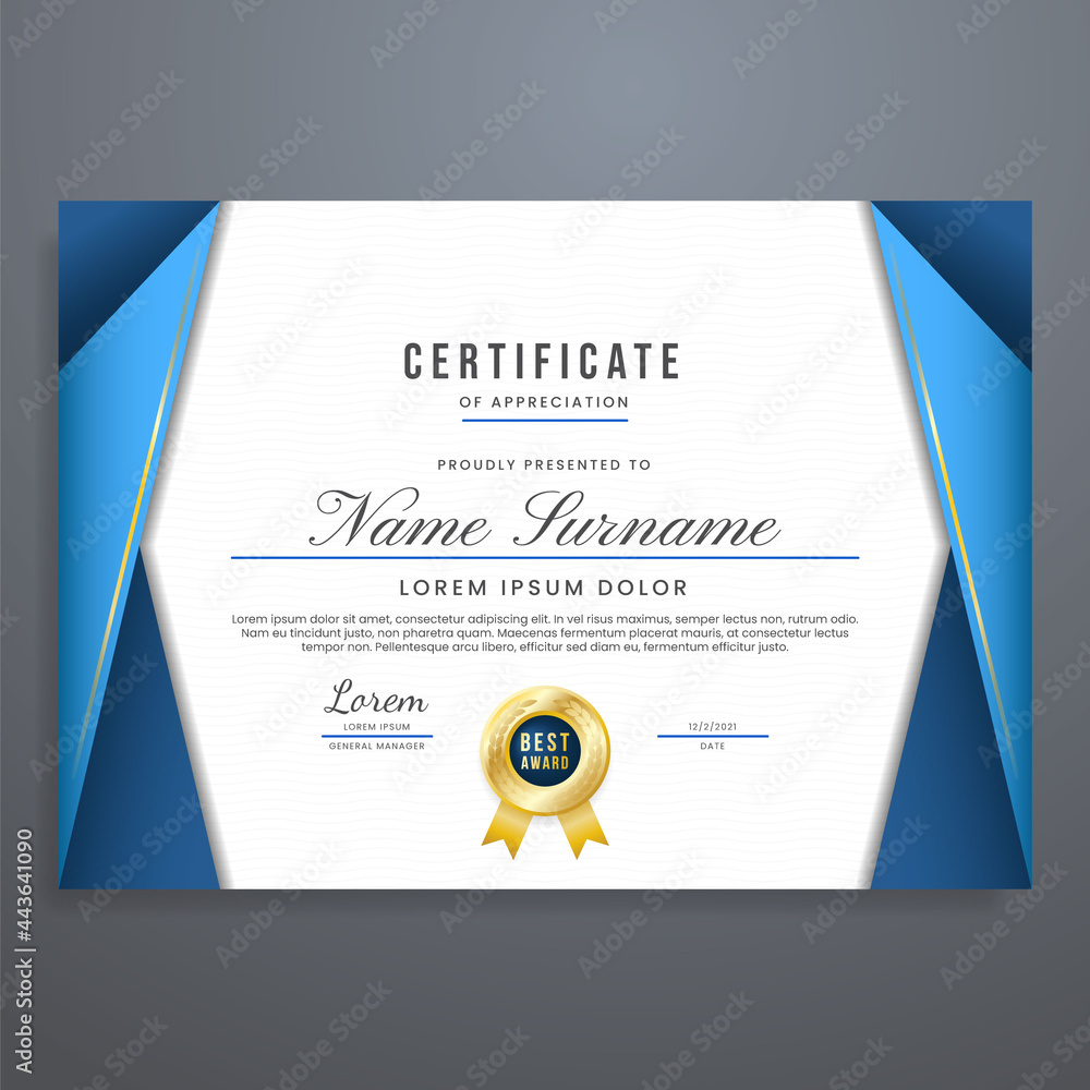 Obraz premium Multipurpose certificate template design with blue color, can be used for appreciation, graduation, event, attendance, etc