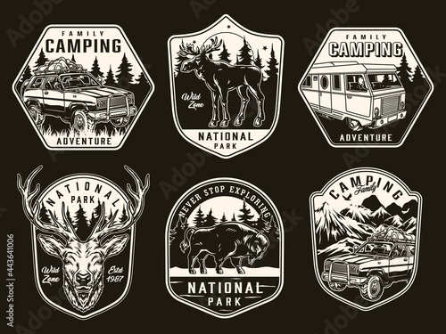 Summer camping vintage monochrome badges